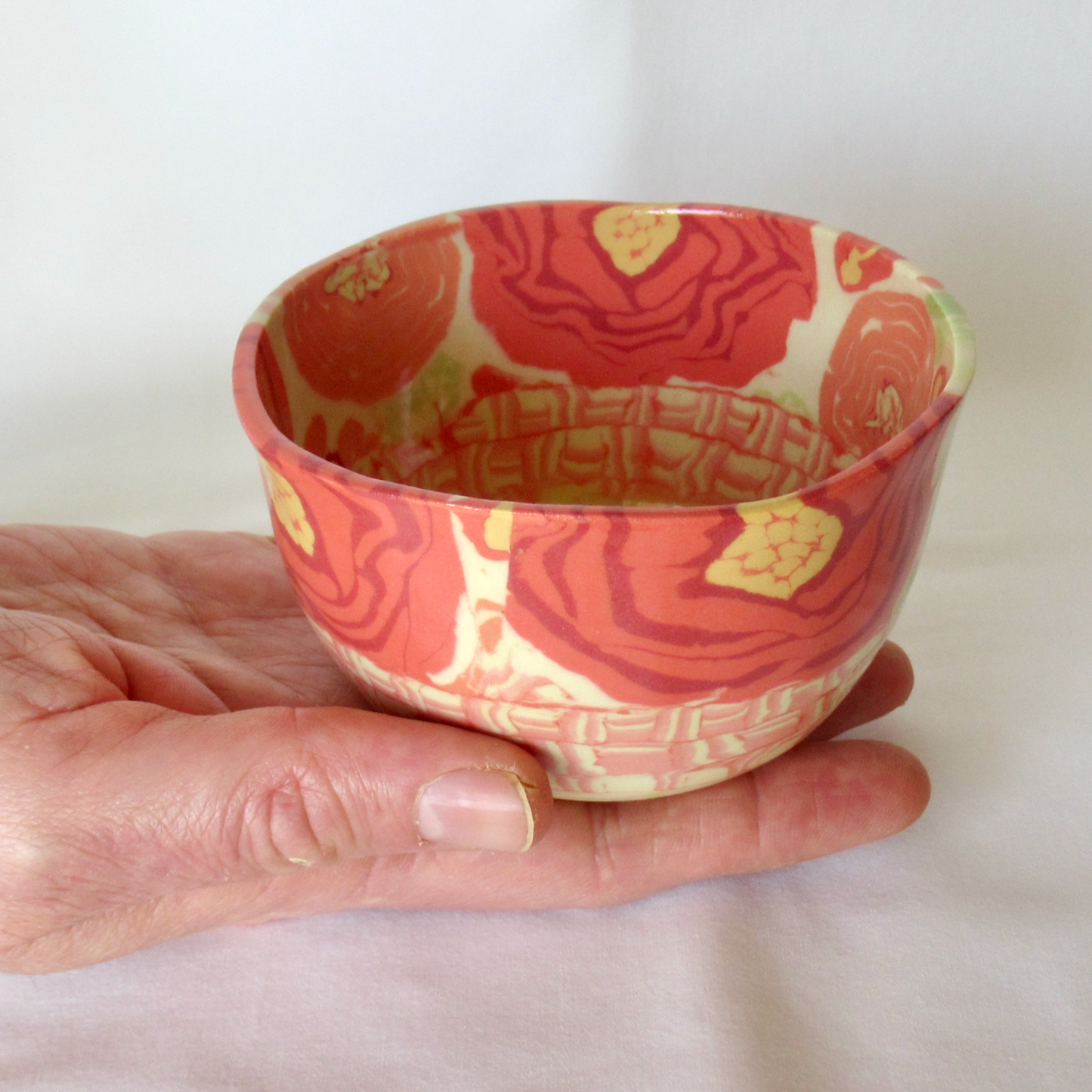 A Small Nerikomi Press Molded Bowl. Nerikomi Ranunculus Flower Design. Ceramic Porcelain Pottery.