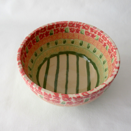 A Nerikomi Bowl. Small Red Flowers Colored Porcelain Technique. Ceramic Pottery.