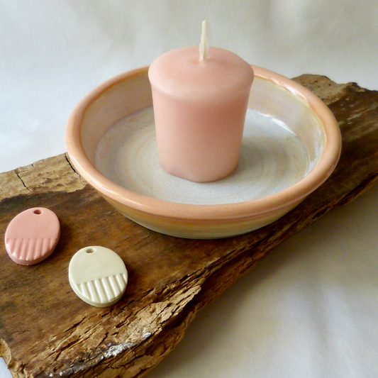 Wheel-thrown Orange and White Porcelain Ceramic Pottery Clay Candle Plate.