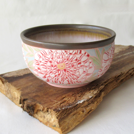 A Small Wheel-thrown, Hand Glazed Peony Dipping Bowl