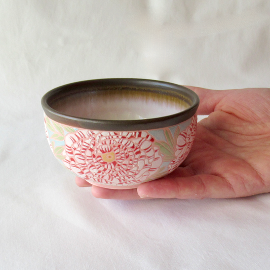 A Small Wheel-thrown, Hand Glazed Peony Dipping Bowl