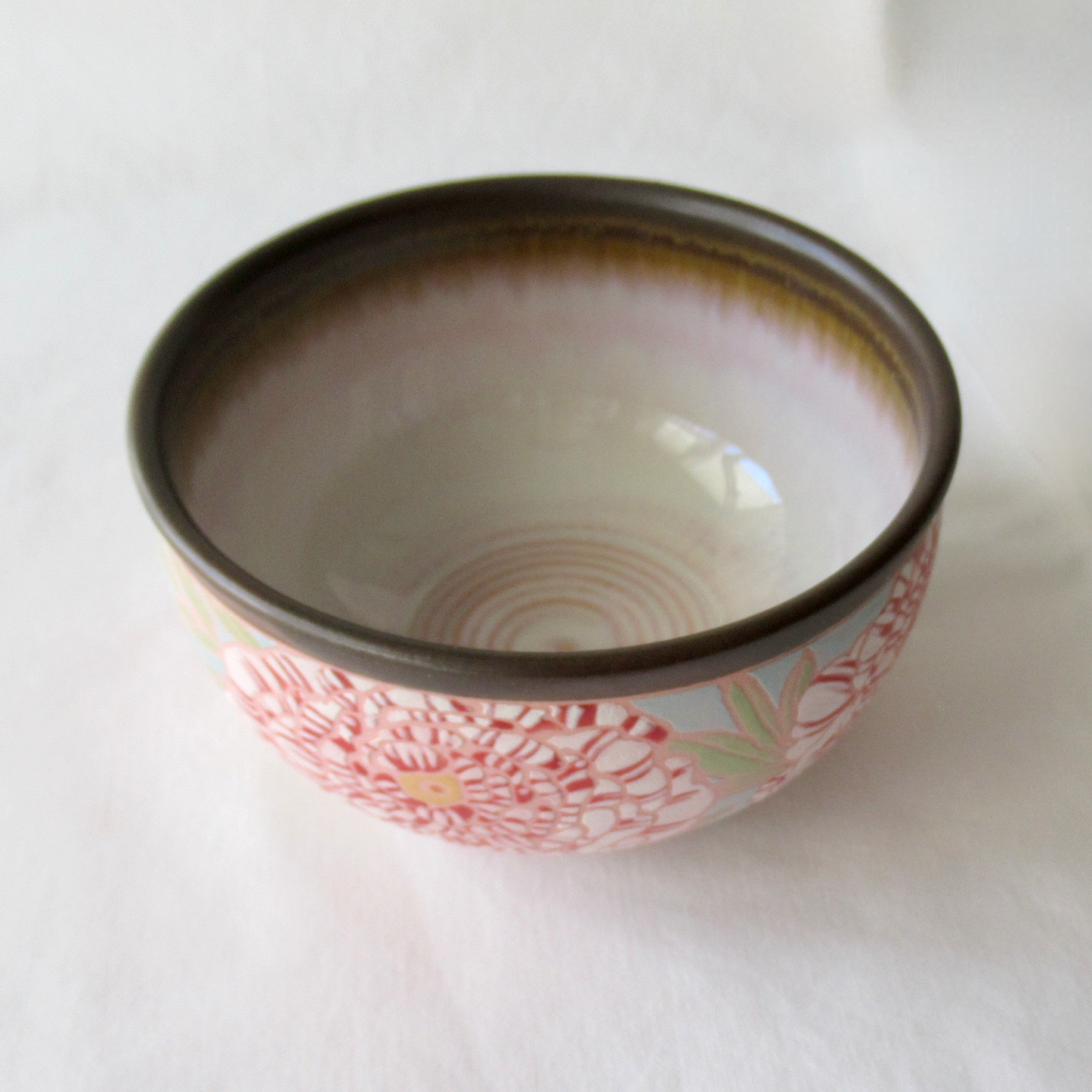 A Small Wheel-thrown, Hand Glazed Peony Dipping Bowl