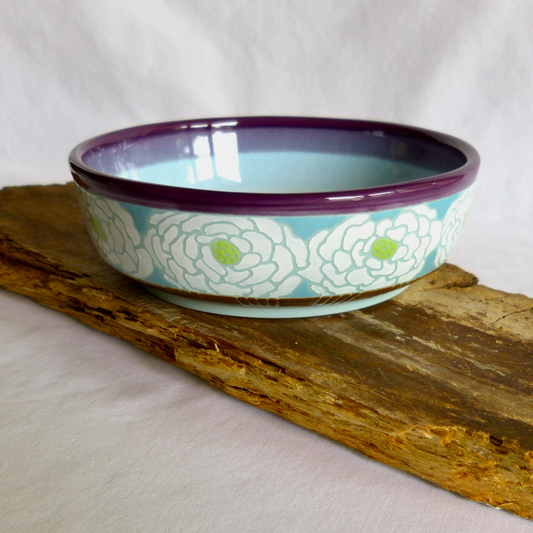 Handcrafted Shallow Bowl. Turquoise Blue Porcelain with Hand Drawn White Peonies