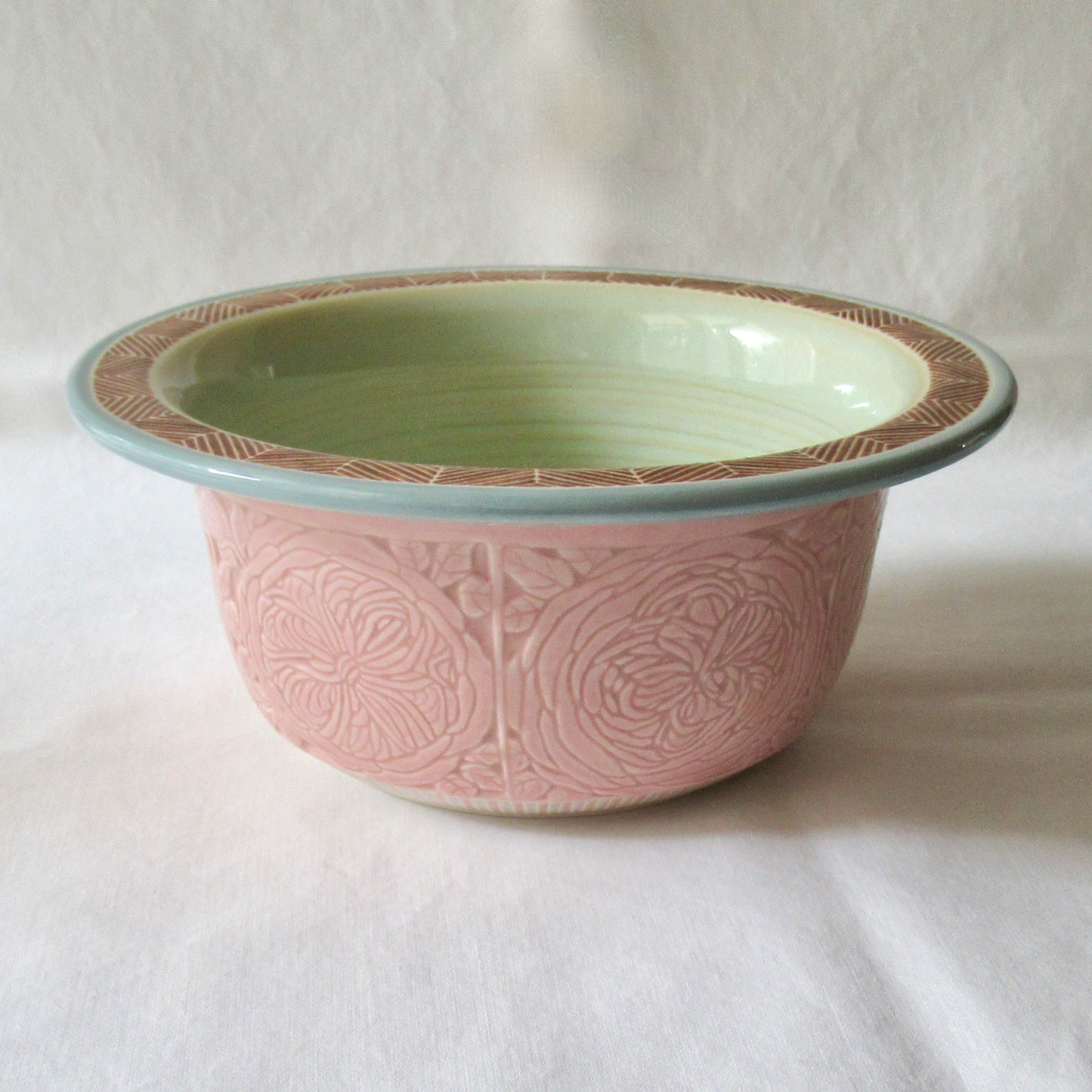 A Hand Drawn Quarter Roses Pink Celadon Bowl