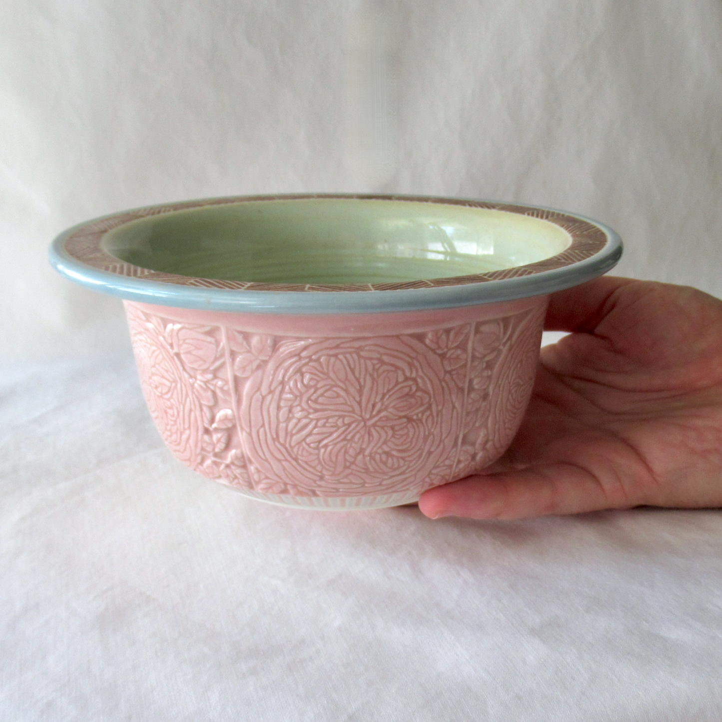 A Hand Drawn Quarter Roses Pink Celadon Bowl