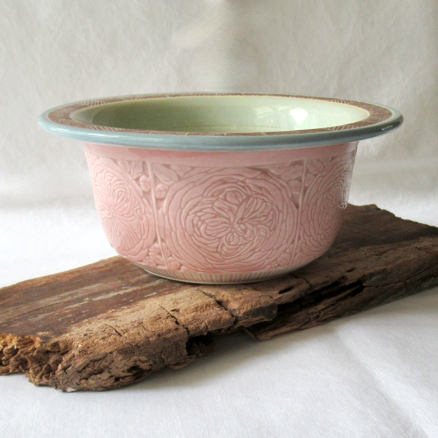 A Hand Drawn Quarter Roses Pink Celadon Bowl
