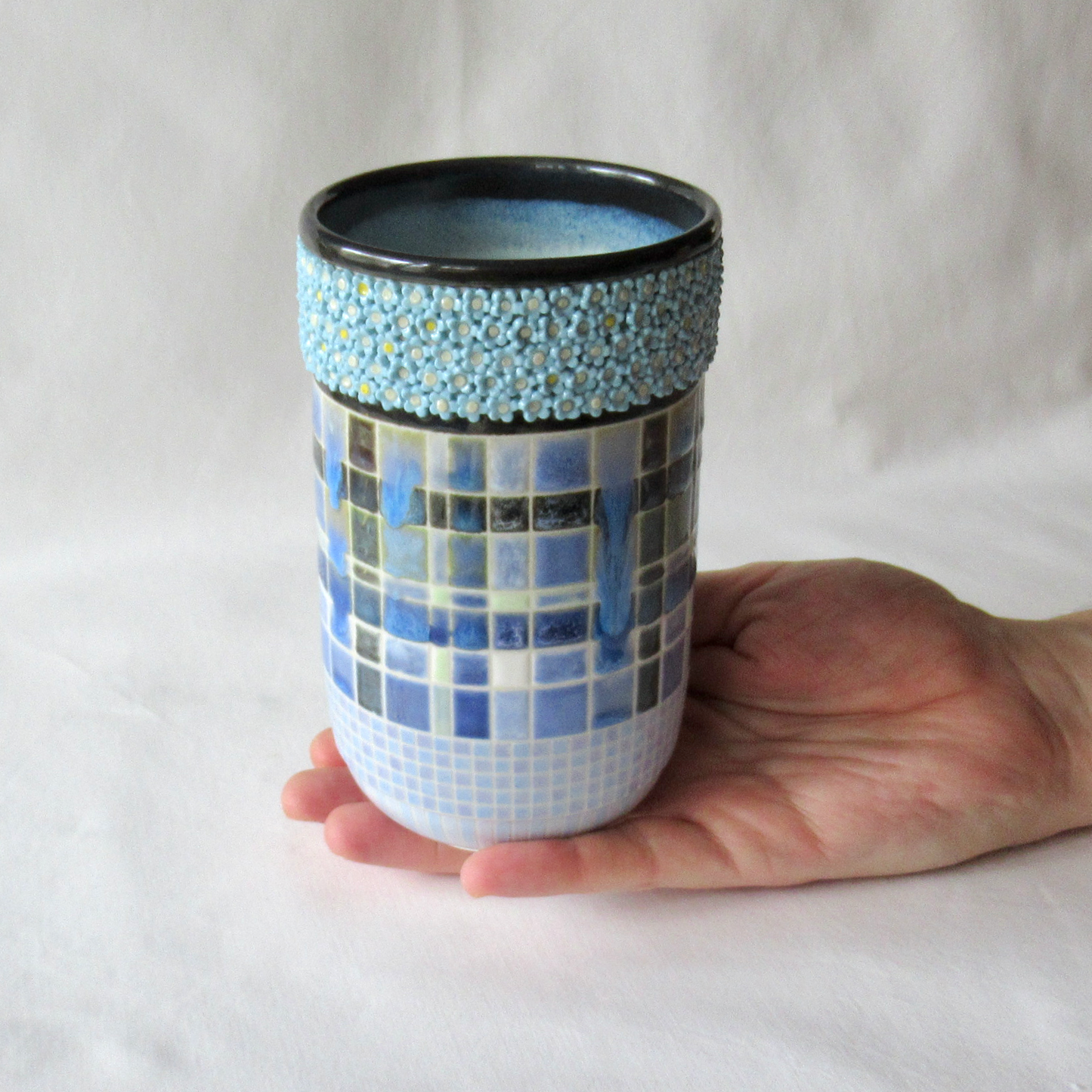A Forget-Me-Not Flowers and Blue Plaid Wheel-thrown Vase