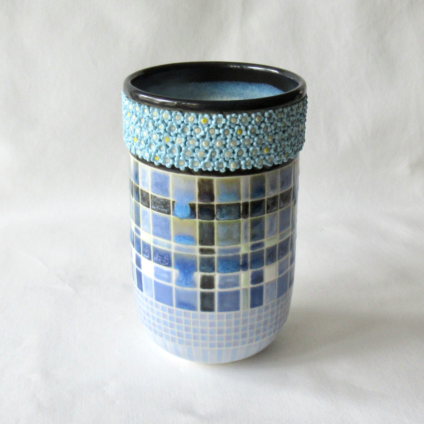 A Forget-Me-Not Flowers and Blue Plaid Wheel-thrown Vase