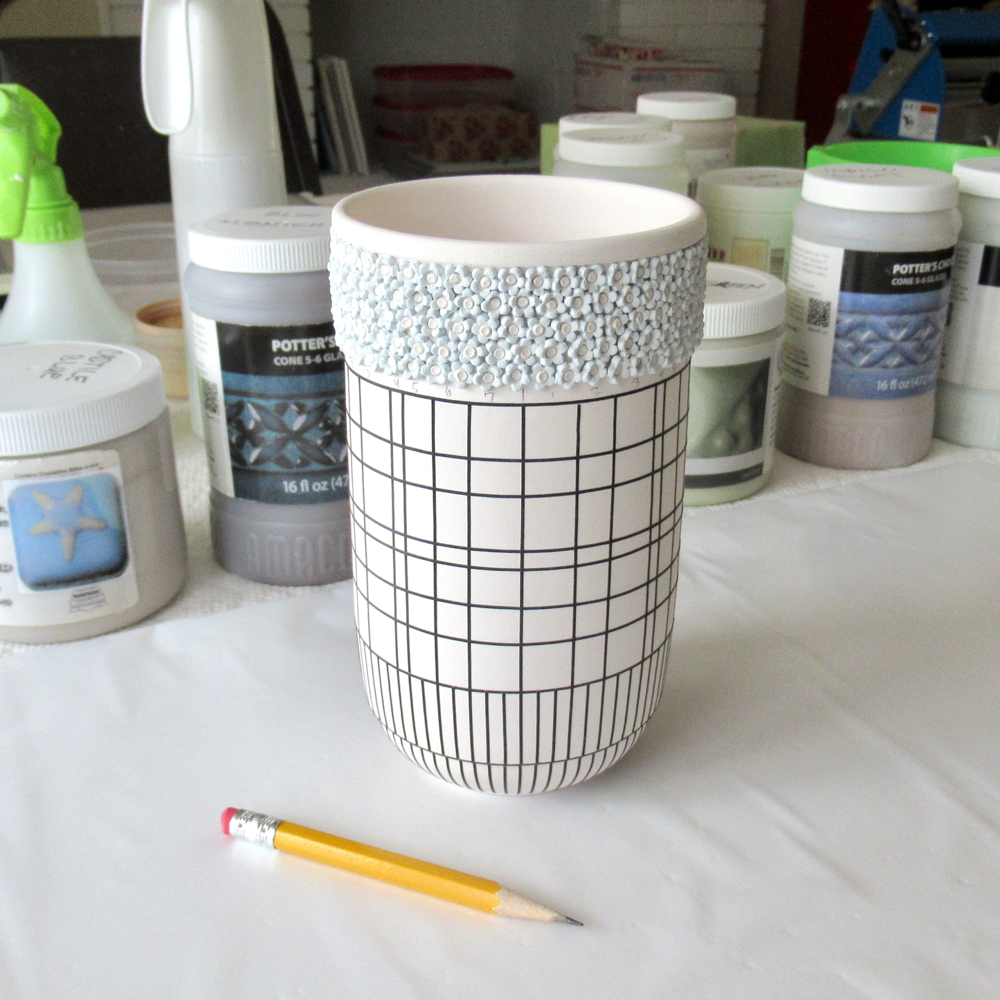 A Forget-Me-Not Flowers and Blue Plaid Wheel-thrown Vase