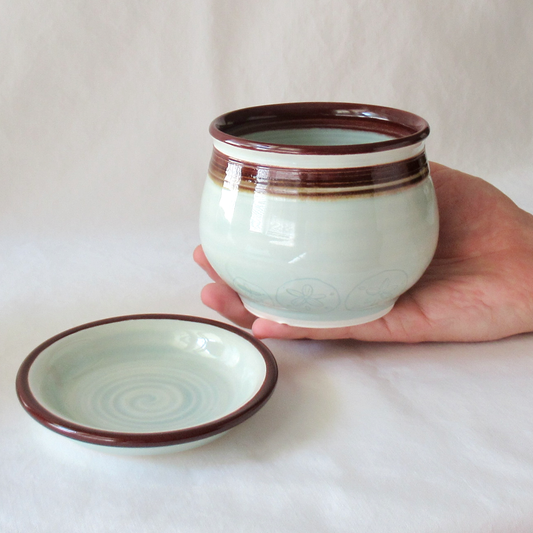 A Wheel-thrown Celadon Planter with Matching Saucer