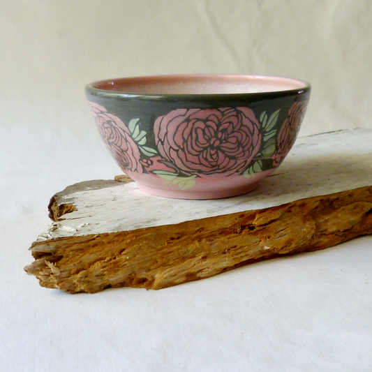 Pink and Gray Neriage Bowl with Pink Hand-Drawn and Glazed Quartered Roses.
