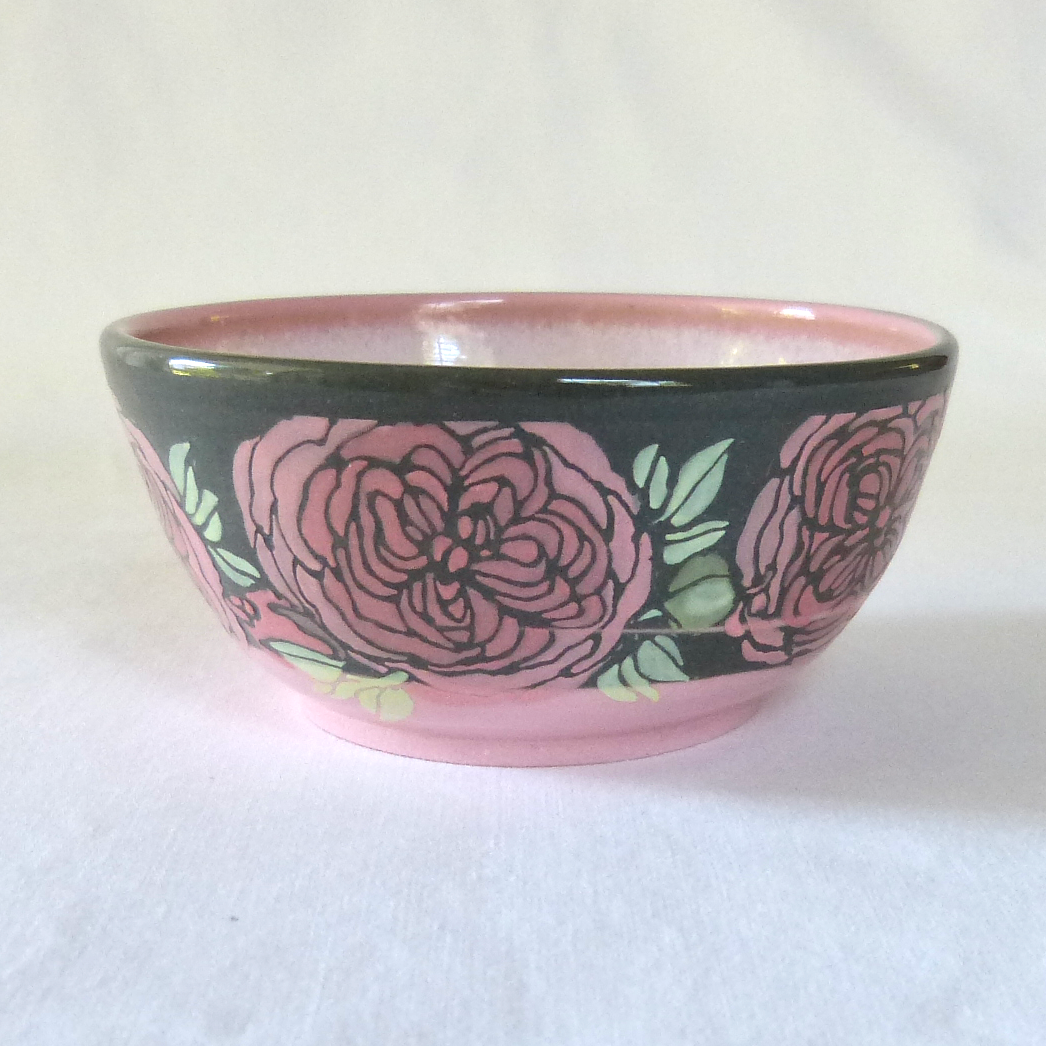 Pink and Gray Neriage Bowl with Pink Hand-Drawn and Glazed Quartered Roses.