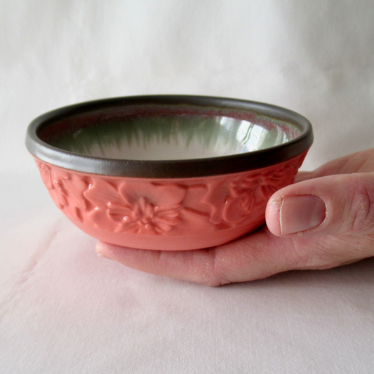 A Hand Carved Cat Bowl. Lobster Red Hollyhock Flowers. Ceramic Pottery.