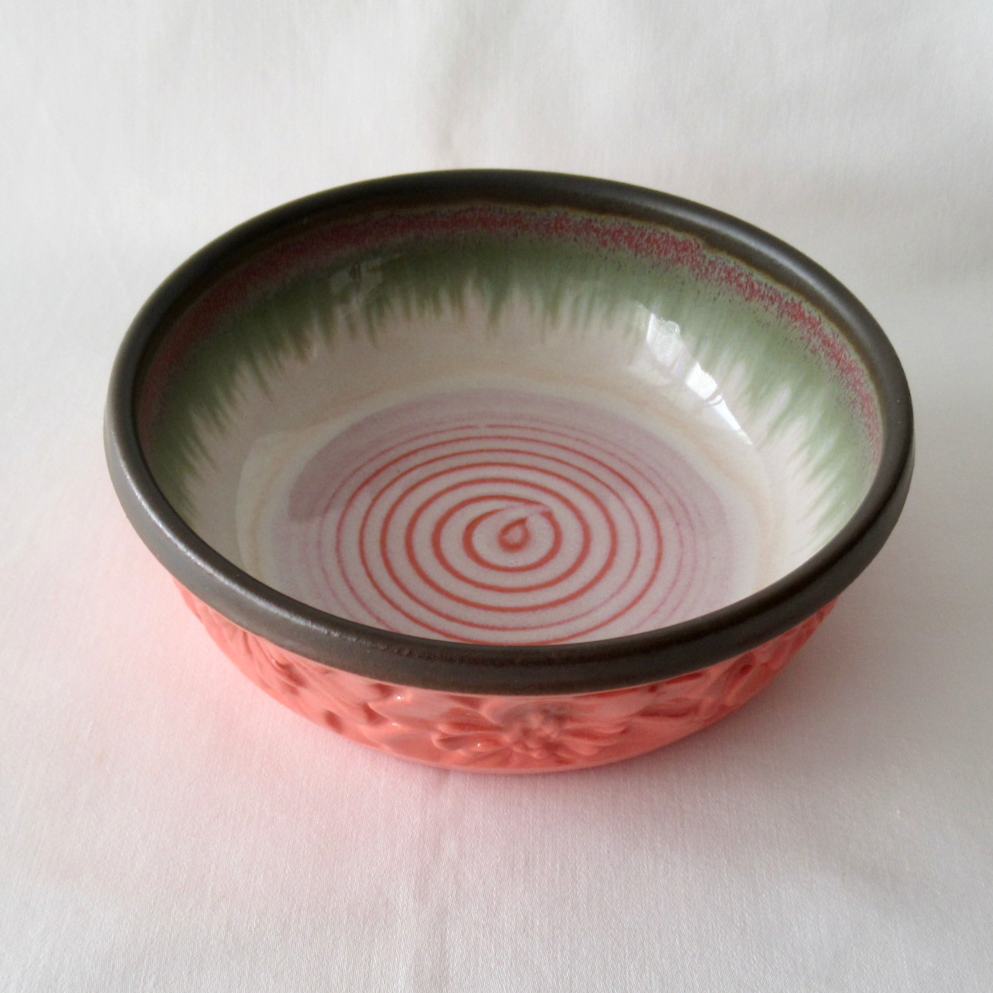 A Hand Carved Cat Bowl. Lobster Red Hollyhock Flowers. Ceramic Pottery.