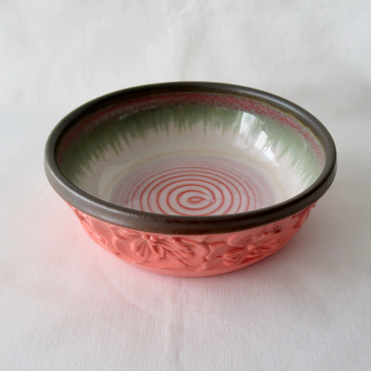 A Hand Carved Cat Bowl. Lobster Red Hollyhock Flowers. Ceramic Pottery.