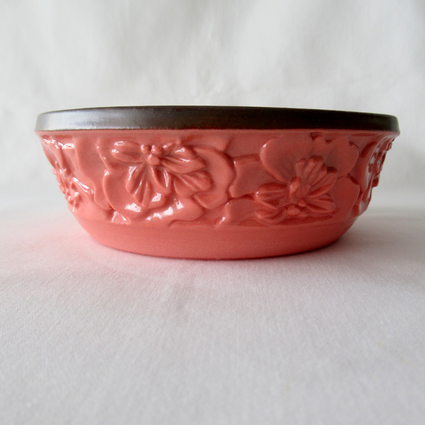 A Hand Carved Cat Bowl. Lobster Red Hollyhock Flowers. Ceramic Pottery.