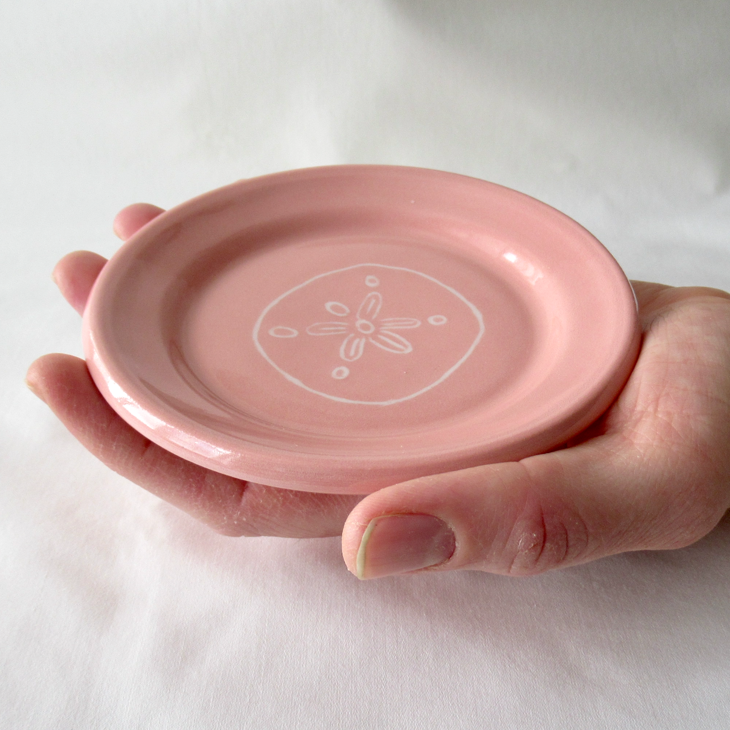 Coral Colored Sand Dollar Mishima Plate. Wheel-thrown Ceramic Pottery. Candle Plate.