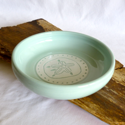Dennis's Turquoise Blue Porcelain Wheel- thrown, Sand Dollar Sgraffito Shallow Bowl.
