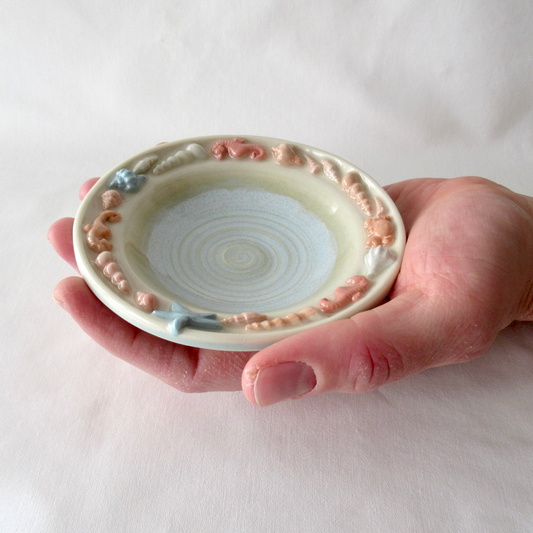 Handmade Agateware Seashells Colored Porcelain Pottery Candle Plate. Ceramic Pottery.