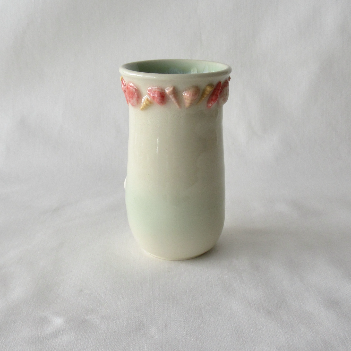 Handmade Bud Vase with Agateware Seashells and Hanging Fish Charm. Ceramic Pottery.