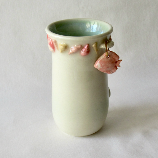 Handmade Bud Vase with Agateware Seashells and Hanging Fish Charm. Ceramic Pottery.