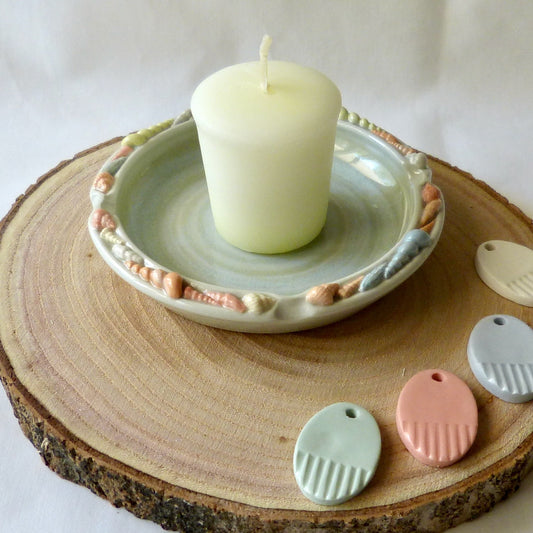 Handmade Seashell Split Rim Candle Plate. Ceramic Pottery