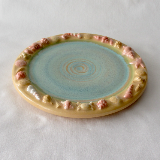 Wheel-thrown Decorative Plate Adorned with Agateware Seashells. Ceramic Pottery