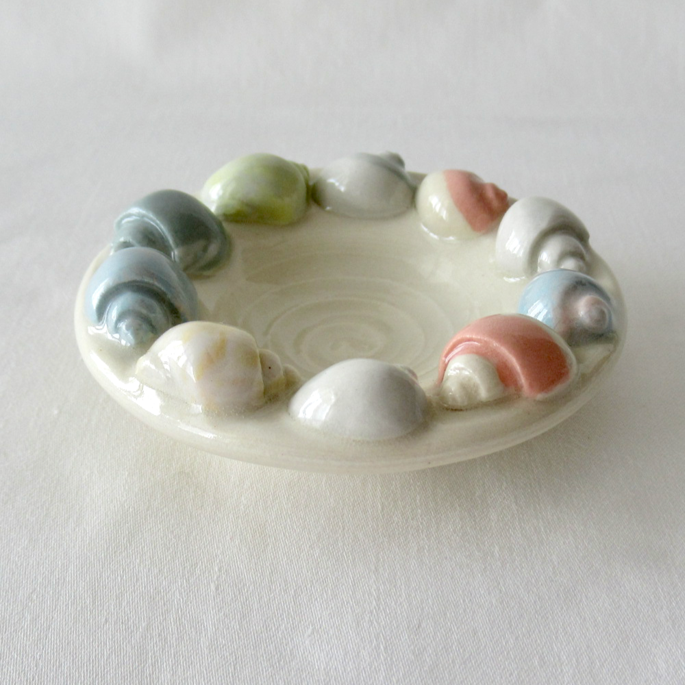 Handmade Small Trinket / Ring Bowl Adorned with Agateware Seashells. Ceramic Pottery.