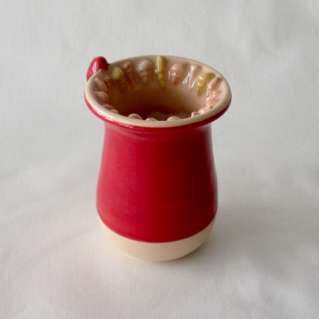 Handmade Seashell Bud Vase. Dark Red Celadon Glaze with Sand Dollar Charms.