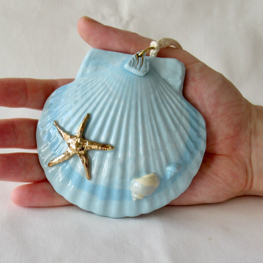 Handmade Seashell Blue Colored Porcelain Hanging Ornament. Ceramic Pottery