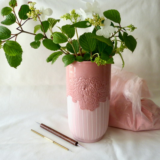 Engraved Spider Mum Colored Porcelain Vase. Handcrafted Ceramic Pottery.