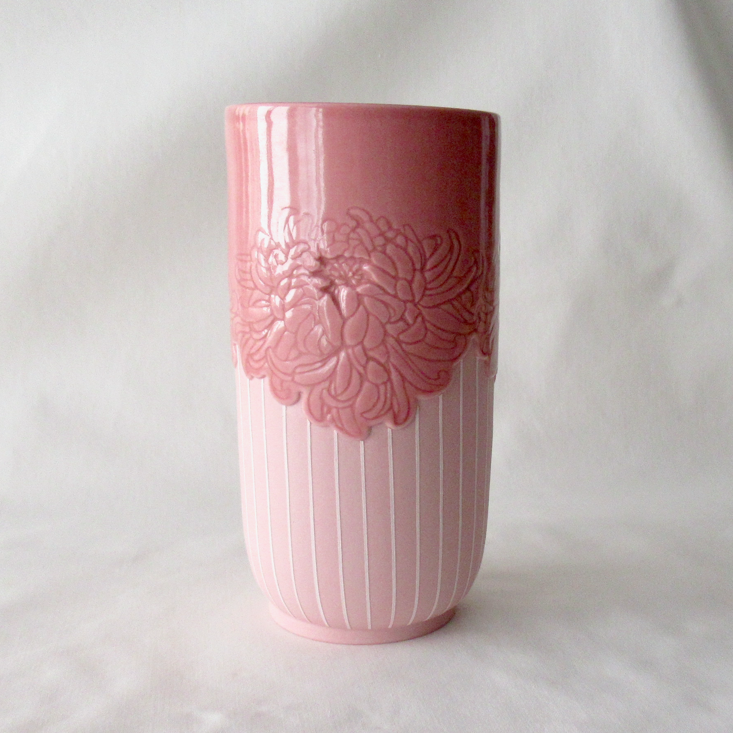 Engraved Spider Mum Colored Porcelain Vase. Ceramic Pottery.