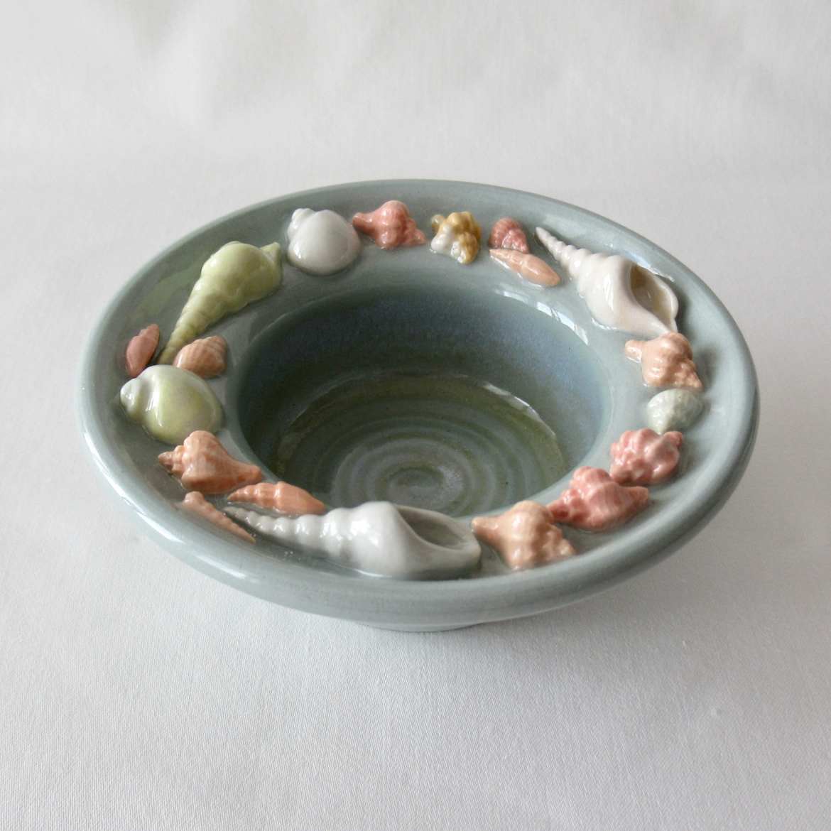 Handmade Teal Colored Porcelain Small Seashell Bowl. Ceramic Pottery.