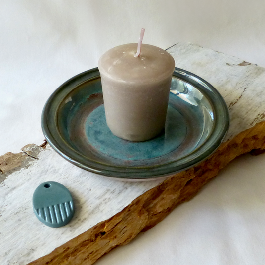 Wheel-thrown Colored Porcelain Ceramic Pottery Candle Plate with Dark Teal Glaze