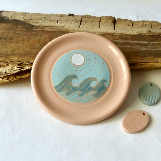 Colored Porcelain Sgraffito Waves Plate