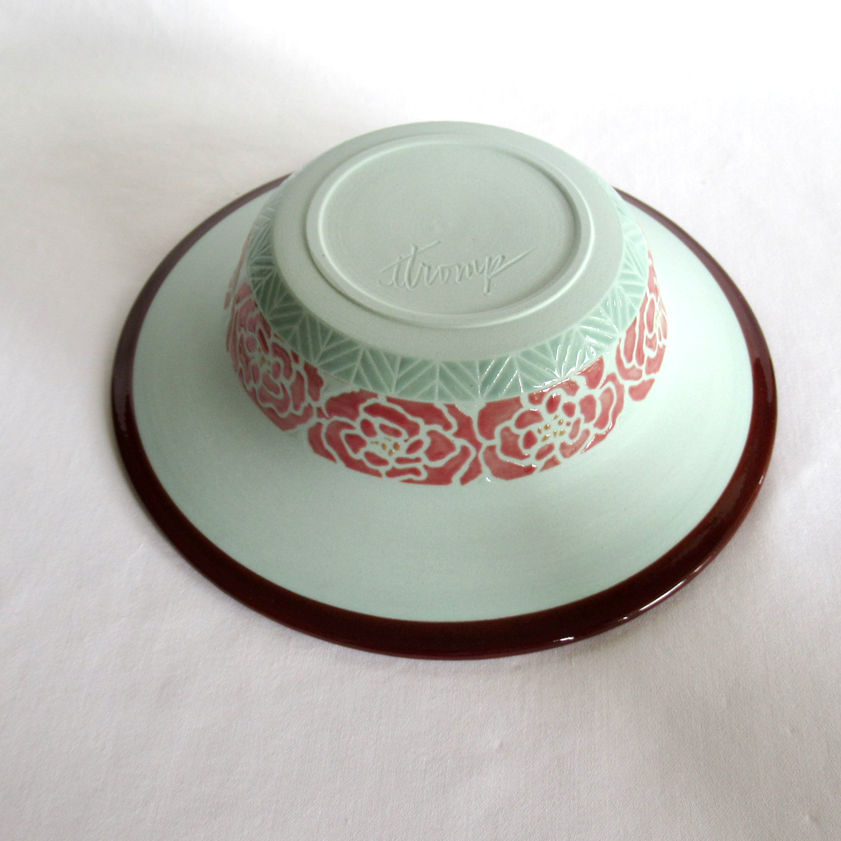 Handcrafted Turquoise Blue Porcelain Roses Wide Rimmed Shallow Bowl