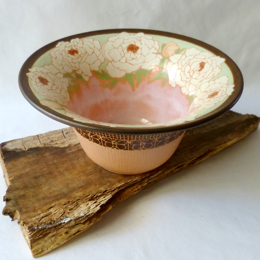 A Handcrafted Wraparound Peonies Wide Rimmed Bowl