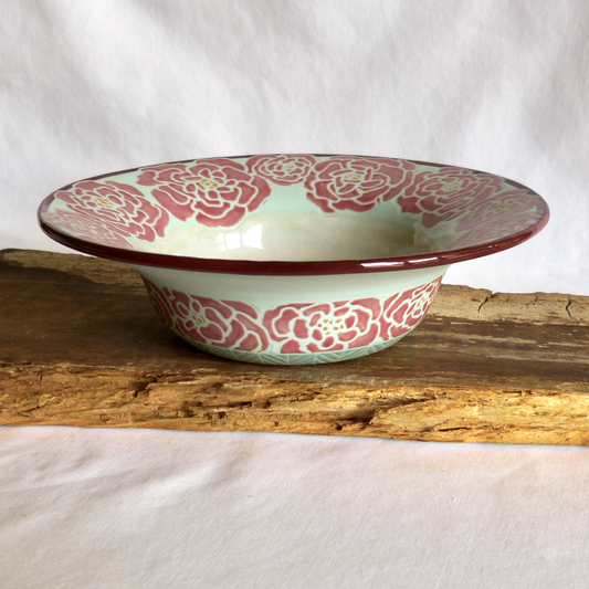 Handcrafted Turquoise Blue Porcelain Roses Wide Rimmed Shallow Bowl