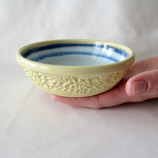 Handmade Carved Cat Bowl. Colored Porcelain Bas-Relief Zinnia Flowers. Ceramic Pottery.